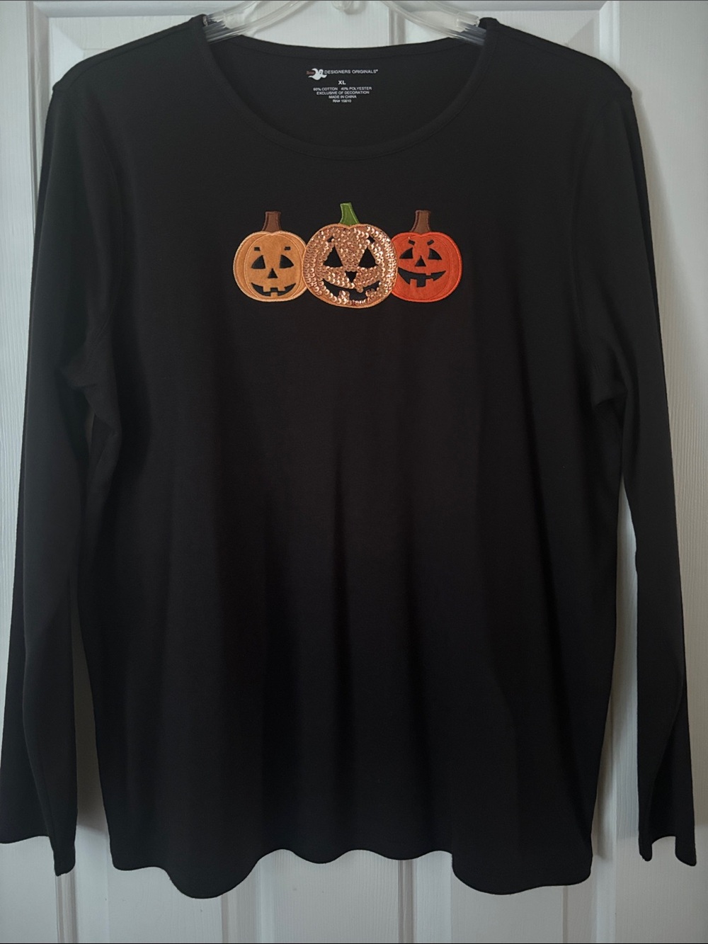 Black Halloween Pumpkin Sequin Long-Sleeve Top - Womens - Picture 1 of 5